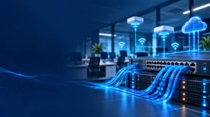 Business network infrastructure with modern servers, network switches, Ethernet cables, and Wi-Fi connectivity