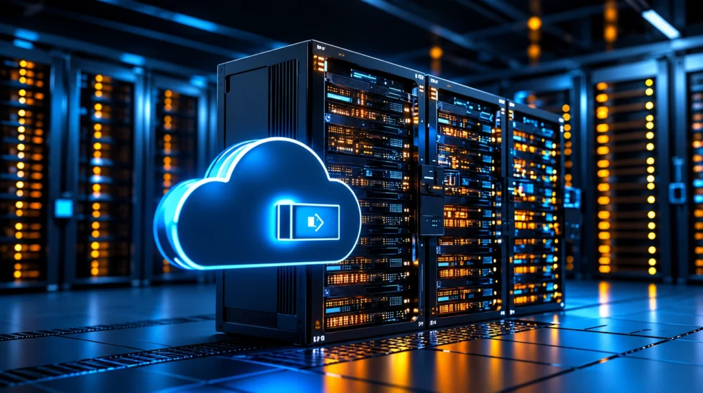 Cloud backup infrastructure protecting business data with servers, secure cloud storage, and data recovery