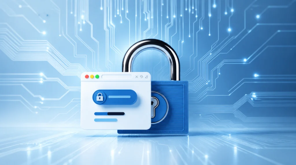 Digital cybersecurity protection with a secure padlock and browser security interface
