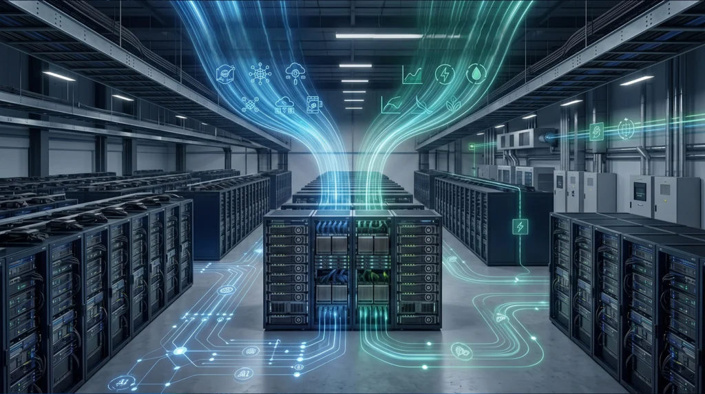 Enterprise server virtualization infrastructure with interconnected server racks and virtualized computing resources